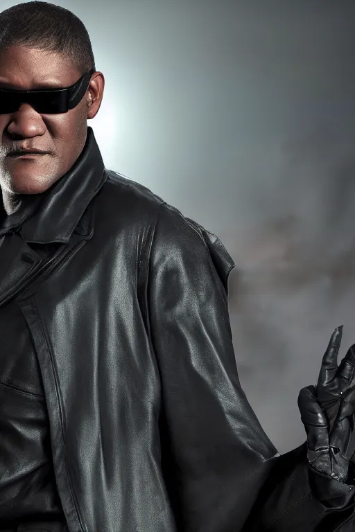 Prompt: a digital photograph of morpheus, played by a 2 5 year old lawrence fishburne, as he returns to the matrix, wearing sun glasses and black leather trench coat, the matrix symbols are ll around him, digital photograph, extremely detailed, dark lighting, sharp focus, unreal engine, concept art, 8 k
