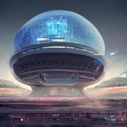Prompt: a huge futuristic stadium for gladatior combat with a forcefield dome floating above a cyberpunk city, hexagonal shaped, elegant architecture, modern, epic light, elegant, artstation, intricate, highly detailed, ultra realist, hd, digital painting, soft light