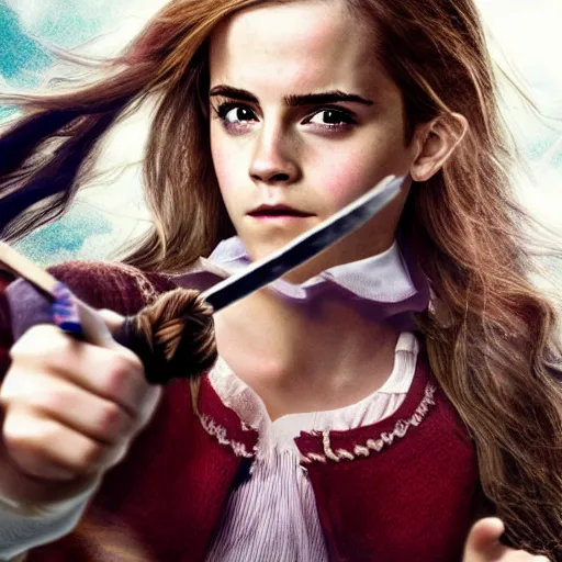 Image similar to emma watson as hermione granger as an anime character, holding a wand, animated diagon alley, night time