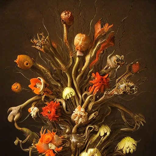 Image similar to disgusting disturbing dutch golden age bizarre mutant flower floral still life with many human toes realistic human toes blossoming everywhere insects very detailed fungus tumor disturbing tendrils bizarre slimy forms sprouting up everywhere by rachel ruysch christian rex van minnen black background chiaroscuro dramatic lighting perfect composition high definition 8 k 1 0 8 0 p