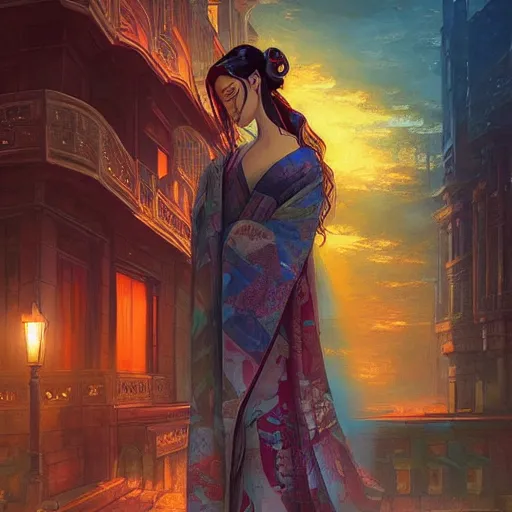 Prompt: portrait of geisha, atmospheric lighting, painted, intricate, volumetric lighting, beautiful, rich deep colours masterpiece, sharp focus, ultra detailed, in the style of Dan Mumford and marc simonetti, futuristic temple in the background,