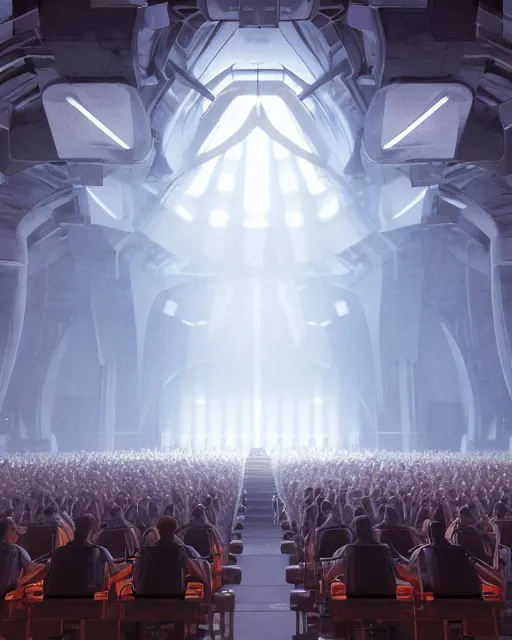 Image similar to unreal engine 5 render of a crowd in a futuristic church by craig mullins and ghibli, strong contrast, priest, pews, ethereal, inviting, bright, raking light, hyper realism, realistic shading, cinematic composition, blender render, octane render, hdr, detailed textures, photorealistic, wide shot