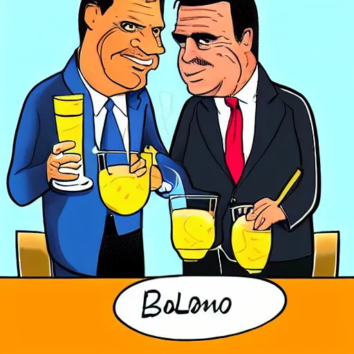 Image similar to cartoon drawing of Bolsonaro and Lula together drinking a lemon drink with Rio de Janeiro mountains on the background