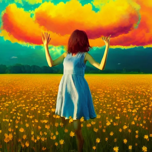 Image similar to giant daisy flower in front of head, full body girl dancing in a flower field, surreal photography, sunrise, dramatic light, impressionist painting, colorful clouds, digital painting, artstation, simon stalenhag
