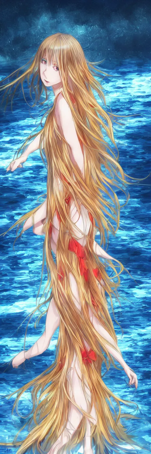 Prompt: advanced digital anime art, a very cute gorgeous teenage girl wearing a dress made of water standing in a reflective lake, full body, very long golden hair, sky blue highlights in hair, red fiery watery eyes, full round face, dramatic cinematic lighting, medium shot, Gaussian blur, highly intricately detailed, trending on pixiv, Artstation, painted by Rossdraws and the style of Sakimimichan