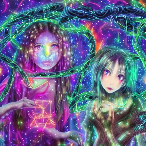 Prompt: anime girl electronic circuitry, with fireflies with a thick mane of bioluminescent vines and flowers by chris dyer and alex grey street art, trending on artstation, dramatic lighting, octane render, weta digital, trending on deviant art, deepdream, ray trace