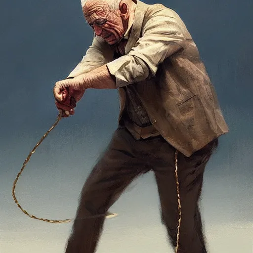 Prompt: old man portrait, he pulling pin is pulling pin of hand grenade,, greg rutkowski art