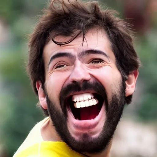 Prompt: extremely zoomed - in photo of spanish laughing guy el risitas face showing his big grin and laughing kek meme face