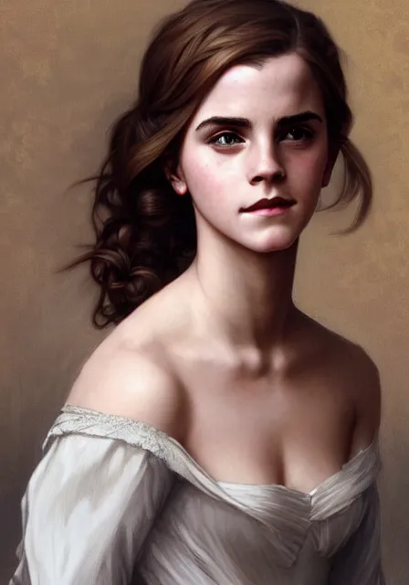 Prompt: emma watson belle, intricate, elegant, highly detailed, digital painting, artstation, concept art, smooth, sharp focus, illustration, art by artgerm and greg rutkowski and alphonse mucha and william - adolphe bouguereau