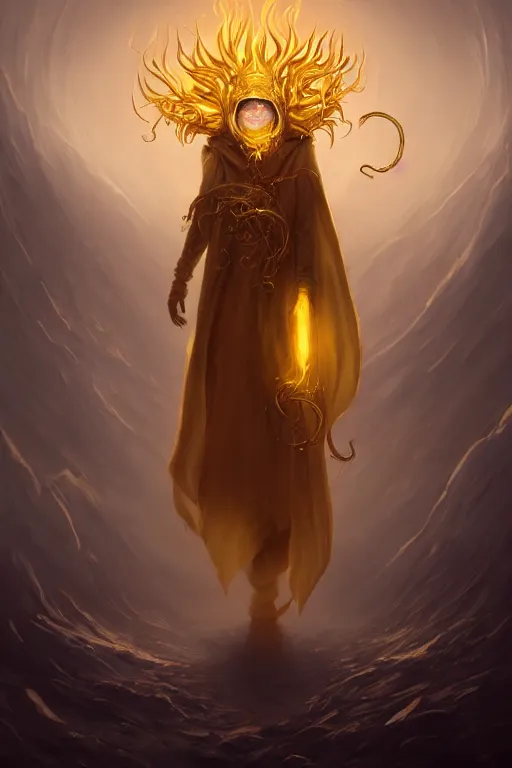 Prompt: A full body portrait of a mysterious character with no face with a very long hooded yellow cloak, a golden crown floating above his head tentacles coming out the ground art by James Paick, and Shaddy Safadi, ominous, cosmic horror, trending on artstation, Ultra detailed, hyper realistic 4k