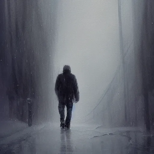 Image similar to a painting of a man wandering alone in a whiteout blizzard, Trending on artstation, by greg rutkowski and bob ross, theme of sadness and dispair.