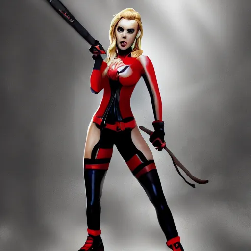 Prompt: Scarlett Johansson as Harley Quinn, holding bat, digital, artstation, cgsociety, 4k, high detail