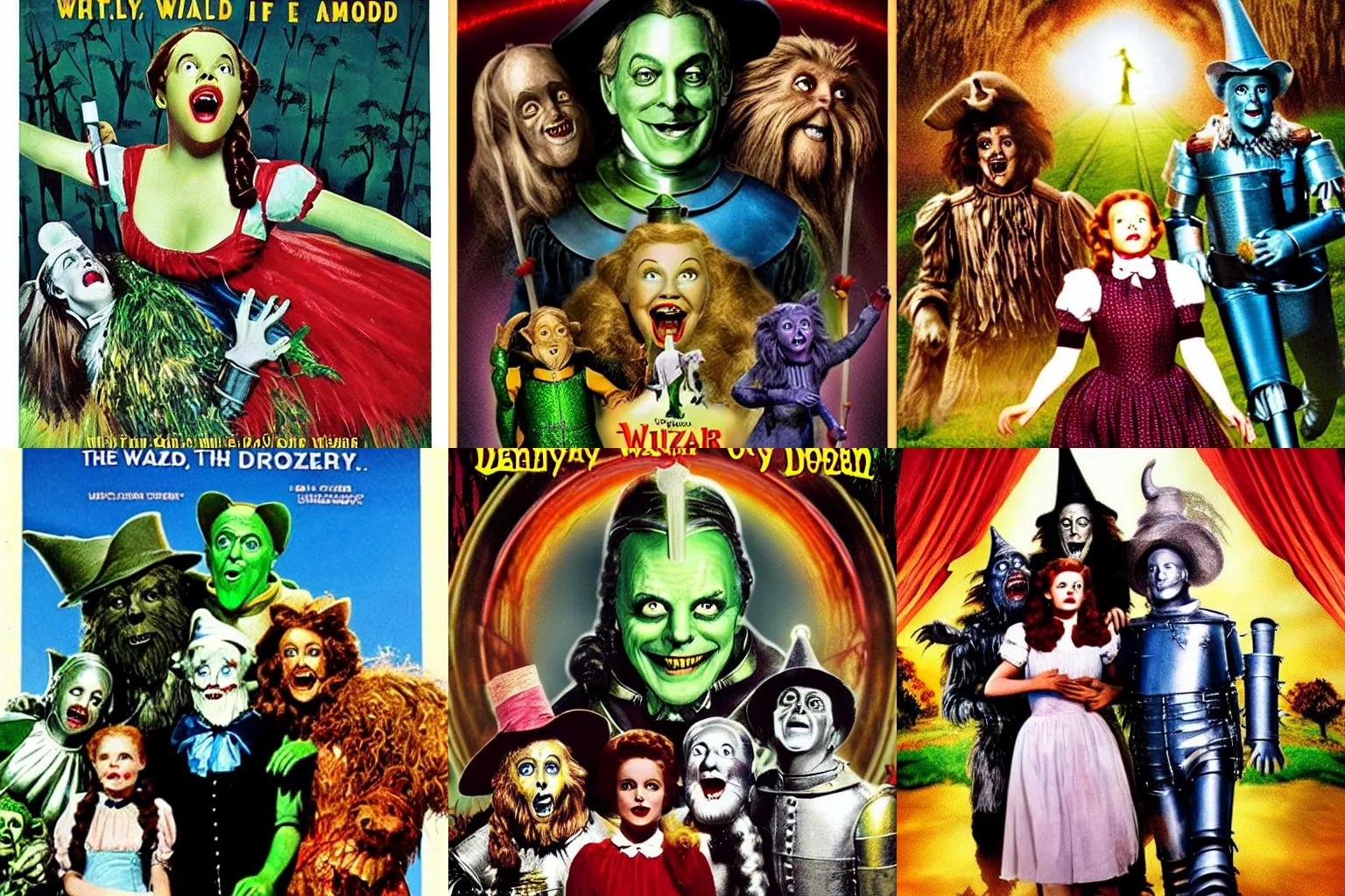 Prompt: The Wizard of Oz with a zombie Dorothy, Wizard of Oz parody, movie poster with ensemble photo