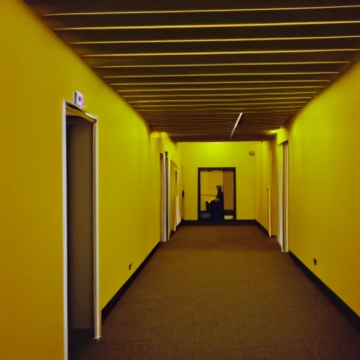 Image similar to the hallways of an empty yellow windowless office with yellow walls and yellow florescent lights, liminal space, disposable camera
