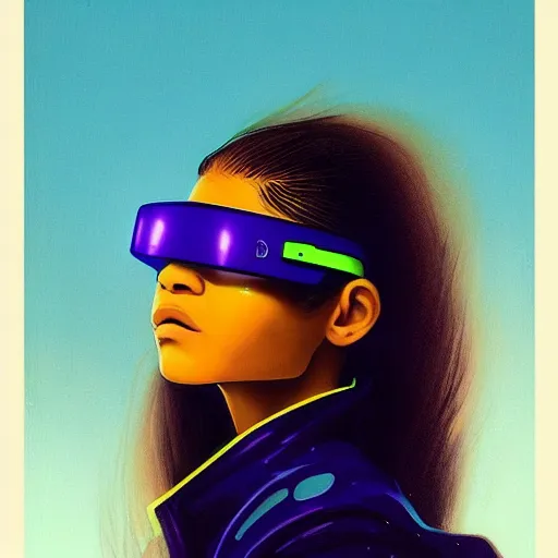 Image similar to zendaya wearing opaque reflective goggles profile picture by Greg Rutkowski, brown skin, very long hair, dune, asymmetrical, futuristic, neon volumetric lights, cool colors, streetwear, studio ghibli, Organic Painting , Matte Painting, geometric shapes, hard edges, street art, trending on the artstation, fantasy LUT, realistic by Sachin Teng + Martin Grip + Moebius, techwear, Industrial Scifi, detailed illustration, character portrait,