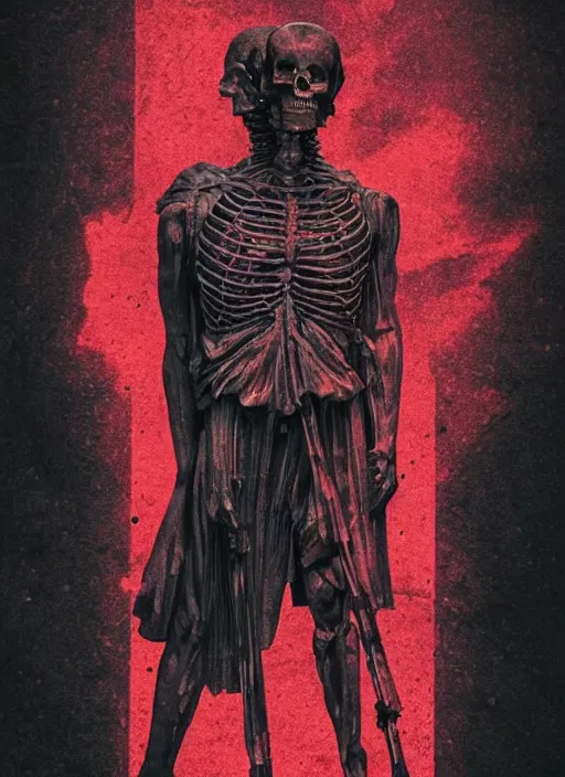 Image similar to dark design poster showing a statue of julius caesar, skeleton, black background with very subtle red and purple design elements, powerful, nekro, vito acconci, thin straight lines, dark, glitch art, neo vaporwave, gritty, layout frame, square, trending on artstation