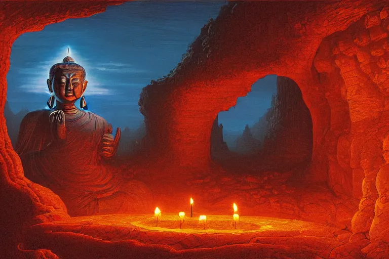 Prompt: giant Buddha statue, carved into a Martian lava cave, candlelit, cavernous interior wide shot, rough, detailed, lava rock, elegant, concept artwork by Thomas Cole and Tim Hildebrandt