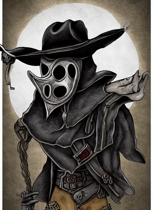 Prompt: boxart style of a detailed handsome cowboy plague doctor, western