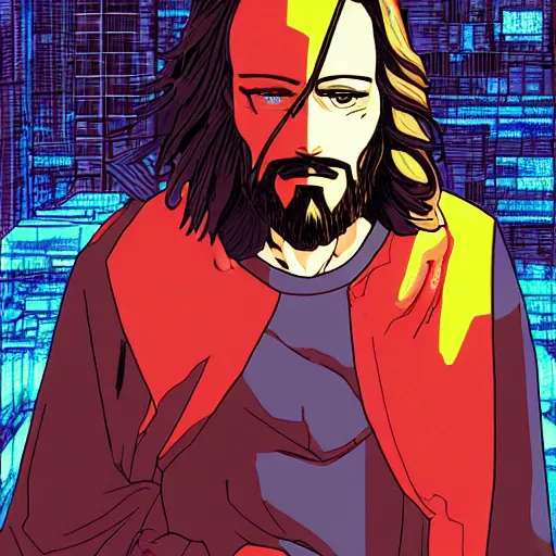 Image similar to detailed color manga illustration of jesus as an evil killer robot, cyberpunk, dark, akira