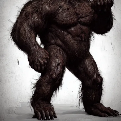 Prompt: huge hulking creature, muscular and terrifying, unsettling, creepy, epic hairy monster terrifying covered in dark fur and matted mud with white eyes, artstation, cgsociety
