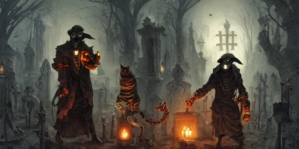 Prompt: a plague doctor with techno armor a bengal! cat! and an orange! tabby! cat! in a graveyard, scary, spooky, cool, by greg rutkowski