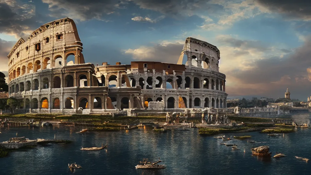 Prompt: shores of Rome with roman monuments and buildings on the horizon, volumetric lighting, beautiful scenery, realistic painting effect, hd, hdr, cinematic 4k wallpaper, 8k, ultra detailed, high resolution, artstation