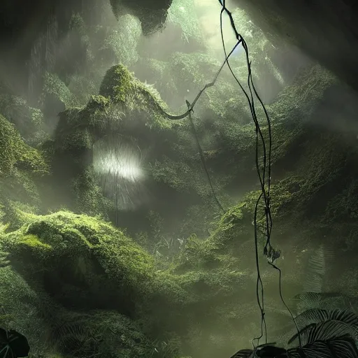 Prompt: mystical cave with lush vegetation and spiderwebs hanging from ceiling, light shining through, sharp focus, highly detailed, cgsociety, desaturated, hazy