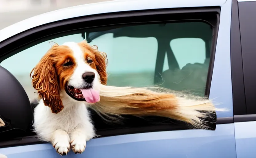 Prompt: a dog sitting in a car, looking out of the window and his hair is flying in the wind, 8 k