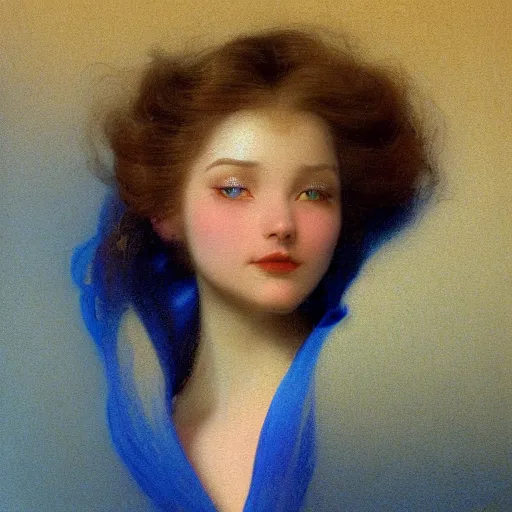 Image similar to young woman's face, her hair is white and she wears a cobalt blue satin cloak, by ivan aivazovsky and syd mead and moebius and gaston bussiere and roger dean and wojciech siudmak and pieter claesz and paul delaroche and alma tadema and aelbert cuyp, hyperrealistic, volumetric light, octane render