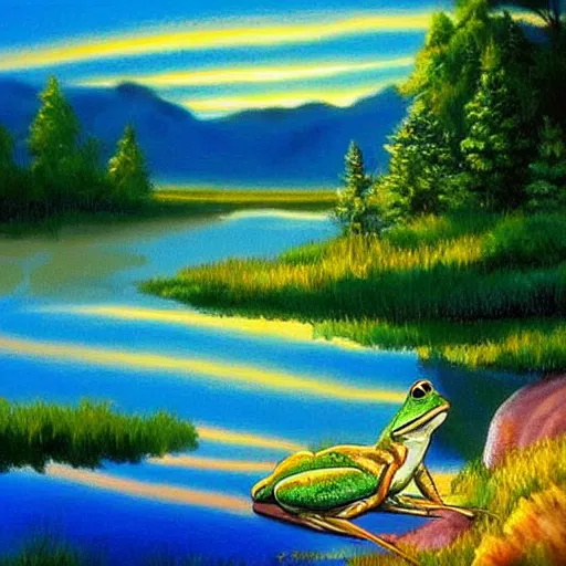 Prompt: frog that looks like bob ross painting a beuatifull painting of a river in the mountains and a beautiful sunset, photorealistic