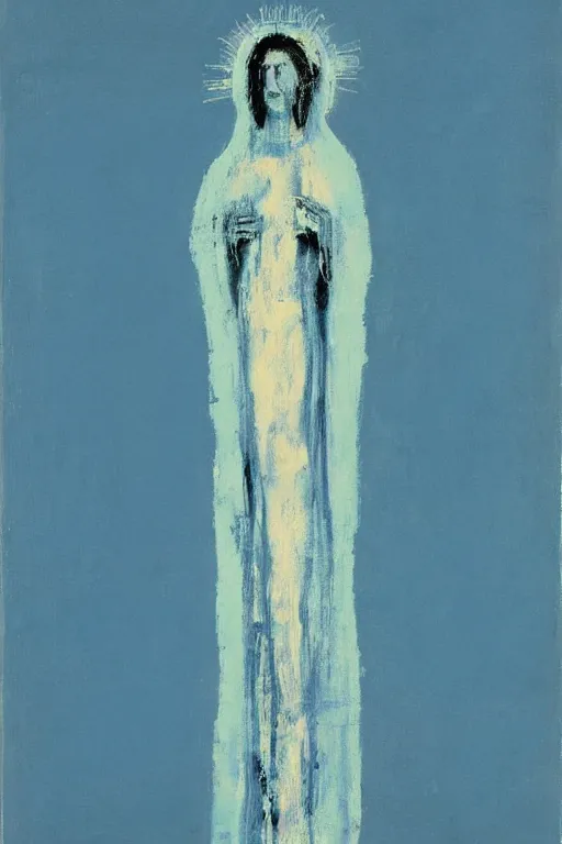 Image similar to light blue, virgin mary of lourdes painted by cy twombly and basquiat