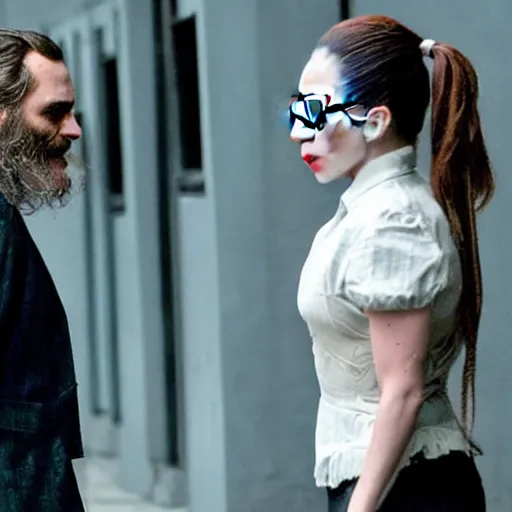 Image similar to ultra realistic stealth candid photograph from joaquin phoenix with lady gaga in new joker movie footage's, intricate details, photorealistic