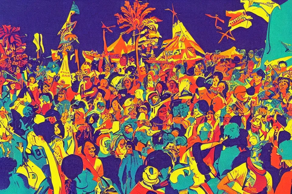 Image similar to an ideal society, a new world to live in, bright colors, 1 9 7 0 s grainy vintage illustration, detailed, epic,