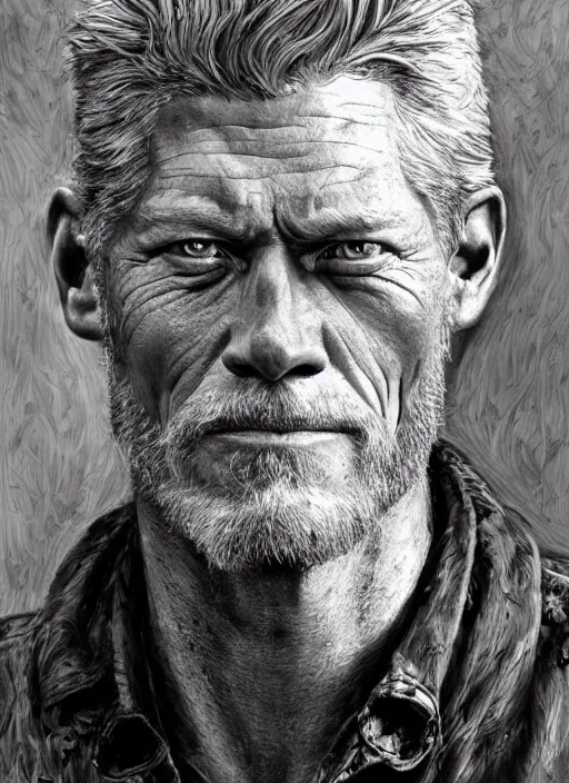 Prompt: stephen lang as a hillbilly, head and shoulders portrait, intricate, elegant, highly detailed, centered, digital painting, artstation, concept art, smooth, sharp focus, illustration, art by artgerm and donato giancola and Joseph Christian Leyendecker