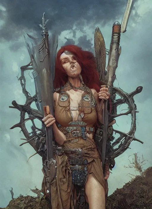 Image similar to hyper realistic photography portrait of postapocalyptic medieval religious occult amazon cinematic, brom, moebius, juan gimenez, peter mohrbacher, mucha, leonardo da vinci