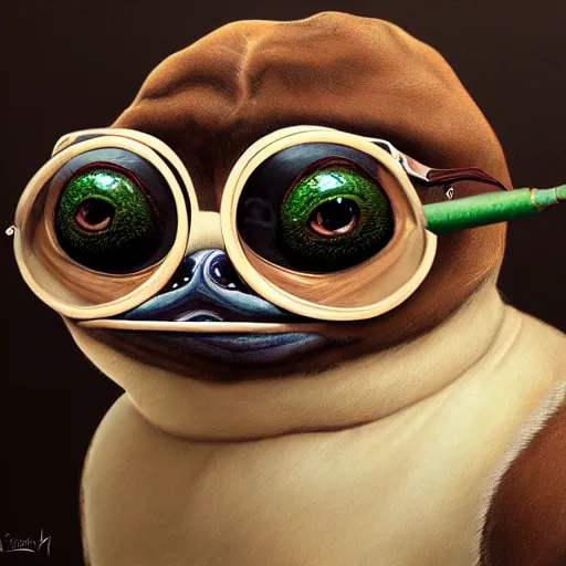 Image similar to portrait of realistic pepe with brown shit on face, concept art, trending on artstation, highly detailed, intricate, sharp focus, digital art, 8 k