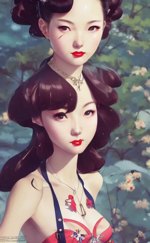 Image similar to a pin up and beautiful fashion and charming and dreamlke japan girl with lv jewelry, character art, art by artgerm lau and kyoung hwan kim and and ilya kuvshinov and john singer sargent, hyperdetailed, 8 k realistic, symmetrical, frostbite 3 engine, cryengine, dof, trending on artstation, digital art