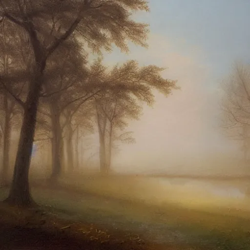 Image similar to an impressive 1 8 0 0 s romanticism - inspired oil painting of a foggy tree line at dawn inspired by liberty leading the people