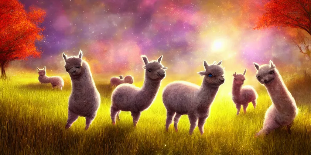 Image similar to magical fairy alpacas frolicking in a field, autumn, sparkles, light beams, digital art, oil painting, fantasy, 8 k, trending on artstation, detailed