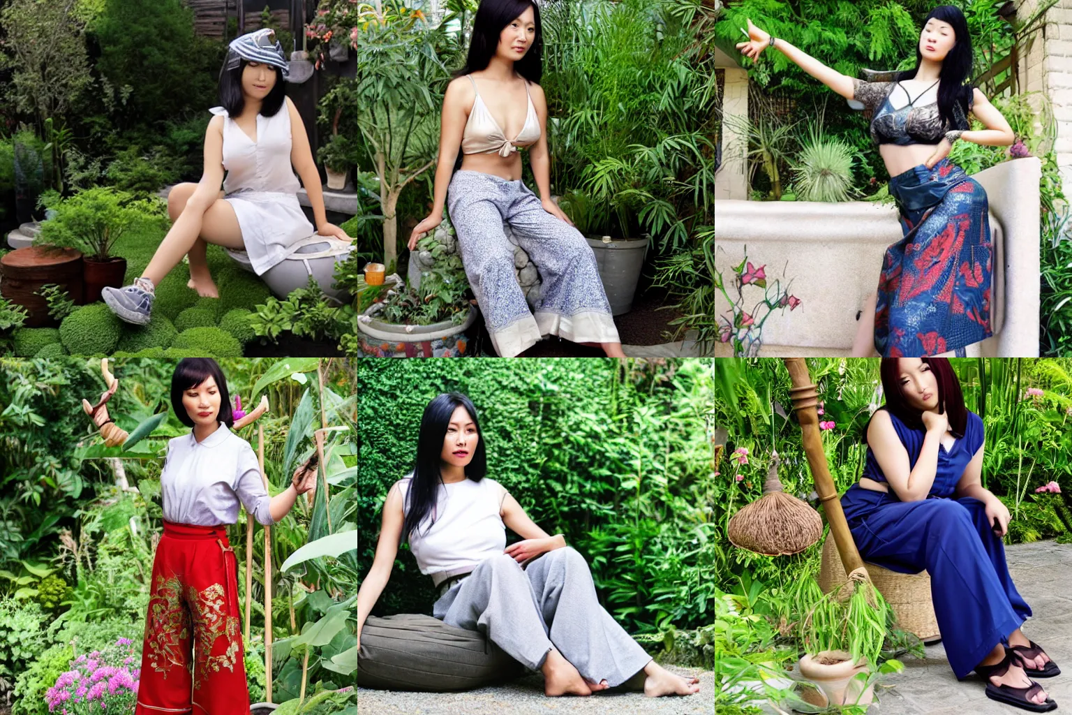 Prompt: asian sorceress wearing culottes, lounging in her garden