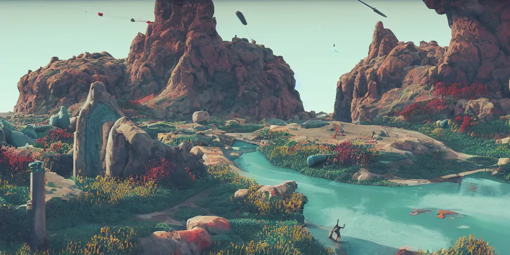 Image similar to 3d painted landscape with a man made monument in the center by james jean in no mans sky style, redshift, octane
