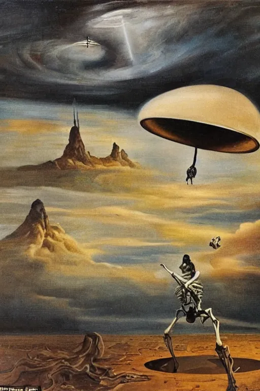 Prompt: a UFO hovering in a stormy sky, on the ground a Skeleton fights with the grim reaper, cinematic lighting, Avantgarde, surrealistic painting with broad messy brushstrokes by Salvator Dali, František Muzika and max ernst