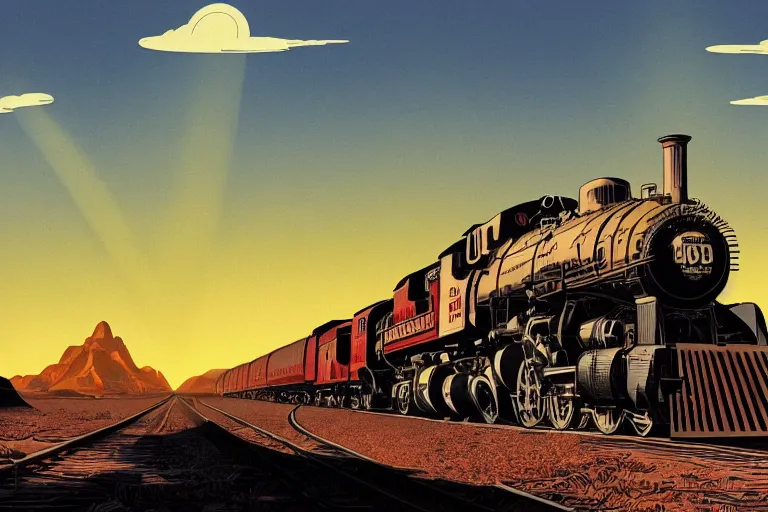 Image similar to old western freight train illustration by joe fenton and syd mead, artstation, 4 k, graphic novel, concept art, matte painting, steam engine spewing billowy white clouds of steam, beautiful idyllic mountain desert sunset background, golden hour