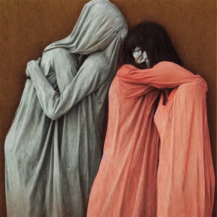 Image similar to two women hugging with a paper bag over the head, dressed in plastic bags, highly detailed, artstation, art by (((zdislav beksinski))), wayne barlowe, edward hopper