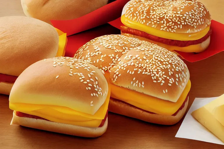 Image similar to mcdonalds stacked cheese slices between sesame seed buns, commercial photograph