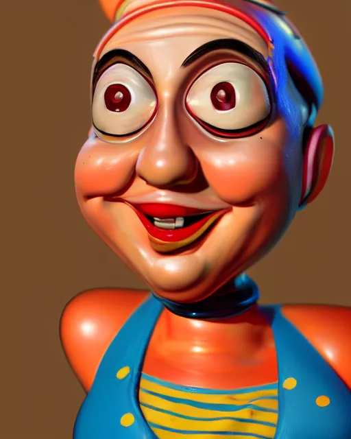 Image similar to closeup profile face profile portrait of a tin toy schlitzie as a waitress in a diner, bikini, hyper realistic, artstation, illustration, concept art by dan decarlo, digital paint, matte paint, vivid colors, bright, cheerful, detailed and intricate environment