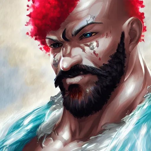 Prompt: kratos with an afro and a giant mustache, digital painting masterpiece, gorgeous brush strokes, advanced lighting technology, by shigenori soejima