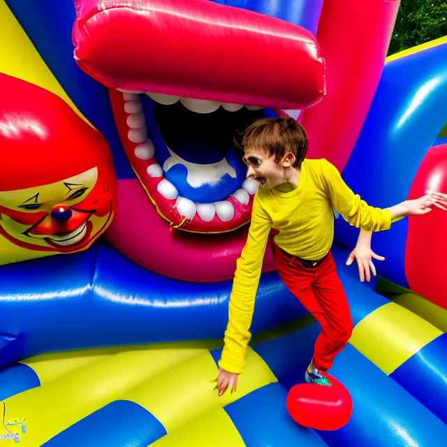 Image similar to , chased by a scary clown in an infinite liminal space made of bouncy castle, highly detailed, 8 k, hdr, smooth, sharp focus, high resolution, award - winning photo