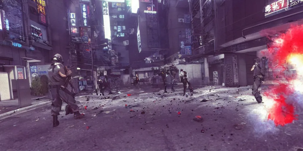 Image similar to 1992 Video Game Screenshot, Anime Neo-tokyo Cyborg bank robbers vs police, Set in Bank Vault Room, bags of money, Multiplayer set-piece :9, Police officers hit by bullets, Police Calling for back up, Bullet Holes and Blood Splatter, :6 ,Hostages, Smoke Grenades, Large Caliber Sniper Fire, Chaos, Cyberpunk, Money, Anime Bullet VFX, Machine Gun Fire, Violent Gun Action, Shootout, Escape From Tarkov, Payday 2, Highly Detailed, 8k :7 by Katsuhiro Otomo + Studio Gainax : 8