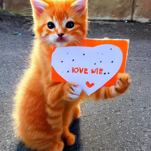 Image similar to cute fluffy orange tabby kitten with a sign that says